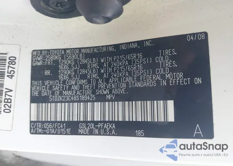 2008 Toyota Sienna Le z USA, uszkodzony, nr VIN 5TDZK23C48S189425